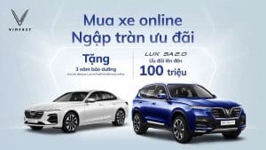banner quảng cáo mua xe VinFast online được tặng 3 năm bảo dưỡng và ưu đãi hơn 100 triệu đồng