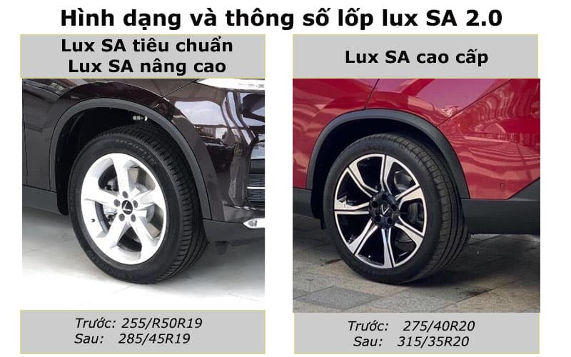 So sánh 3 phiên bản xe VinFast Lux SA2.0 với mâm và lốp