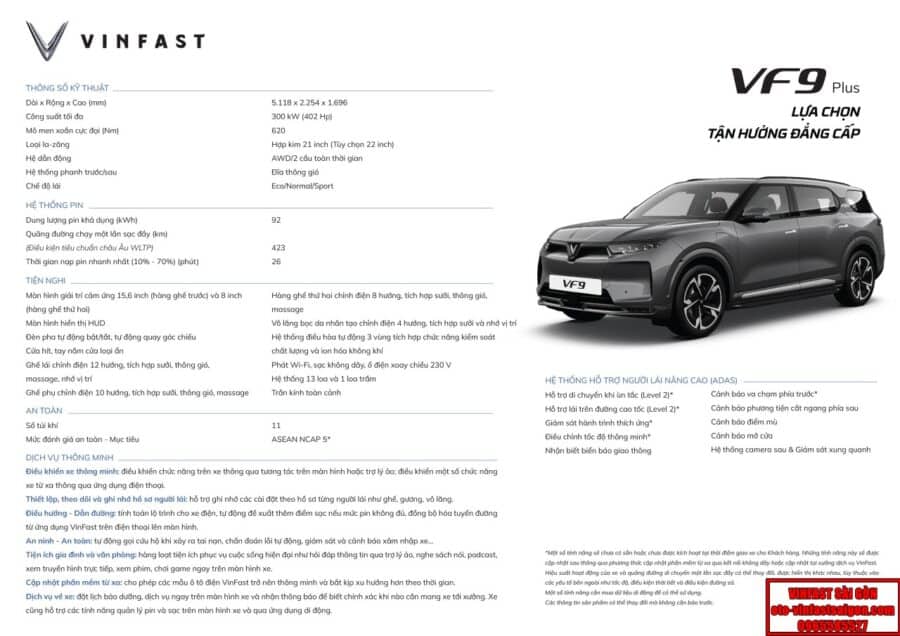 Thông số kĩ thuật xe Vinfast VF9 bản Plus