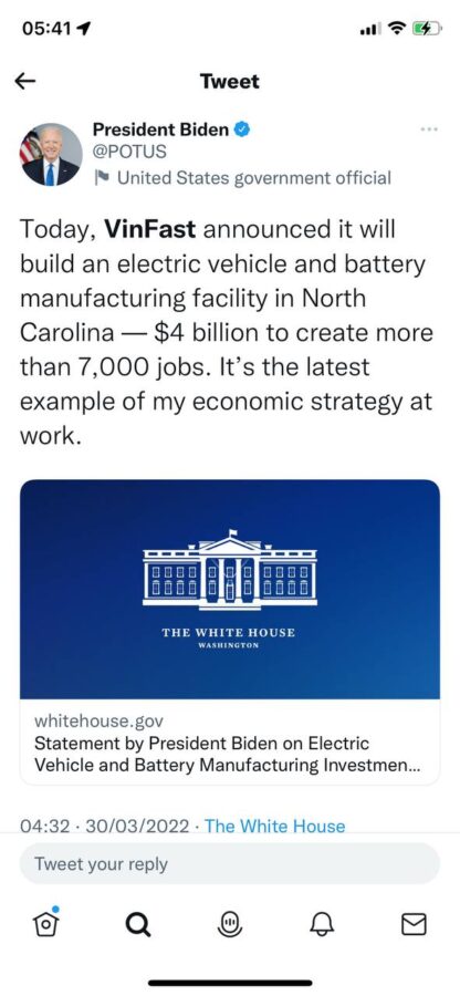 tweet của tổng thống Mỹ Joe Biden về việc VinFast mở nhà máy xe điện