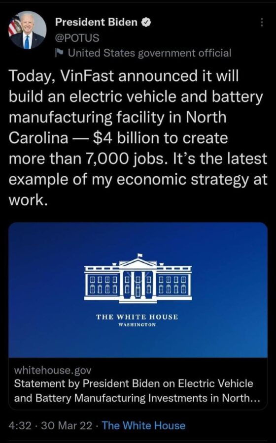 tweet của tổng thống mỹ Biden về việc xây nhà máy xe điện của VInFast